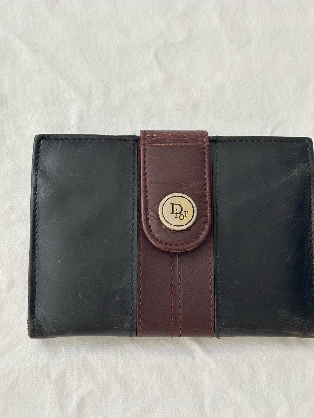 Dior Black Leather Wallet with Brown Center Strap